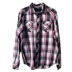Carbon Men's Plaid Black Red White Classic Fit Button Down Shirt Size M